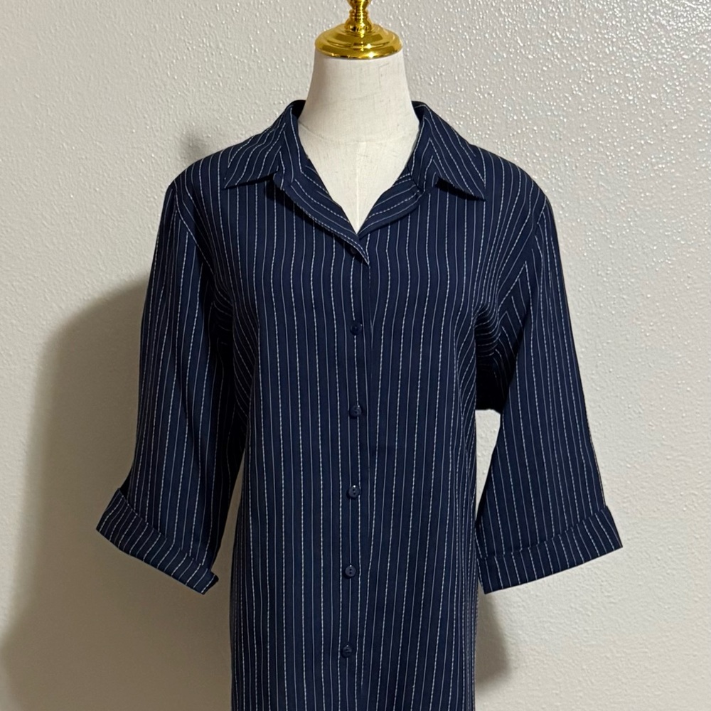 Allison Daley Navy with White Pinstripes Shirt Dress